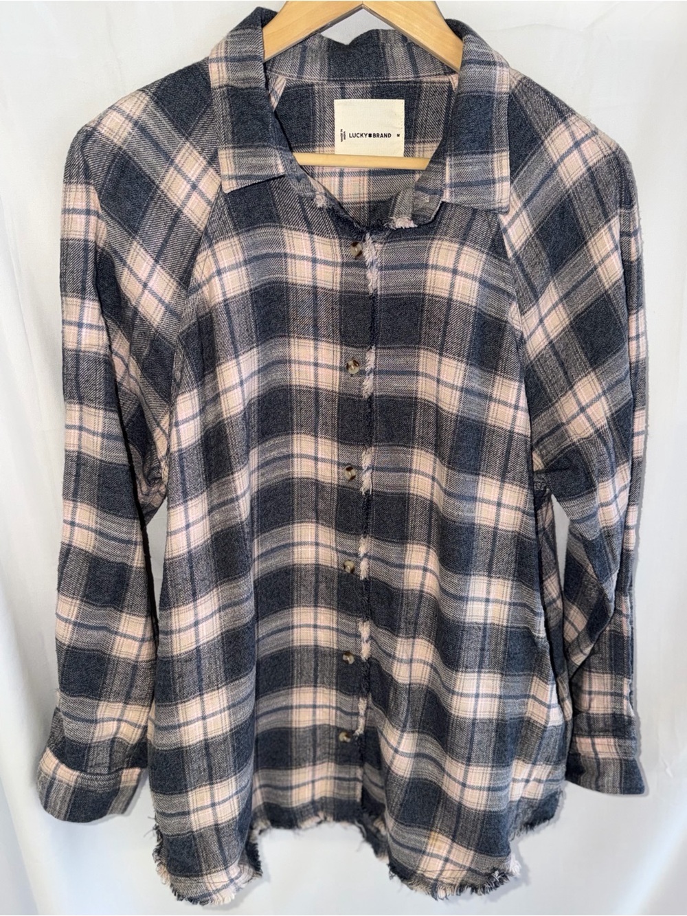 Lucky Brand Pink and Gray Plaid Button-Down Shirt, Distressed Hem